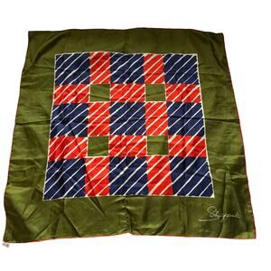 Schiaparelli Silk Scarf Geometric Pattern with Olive Green Border